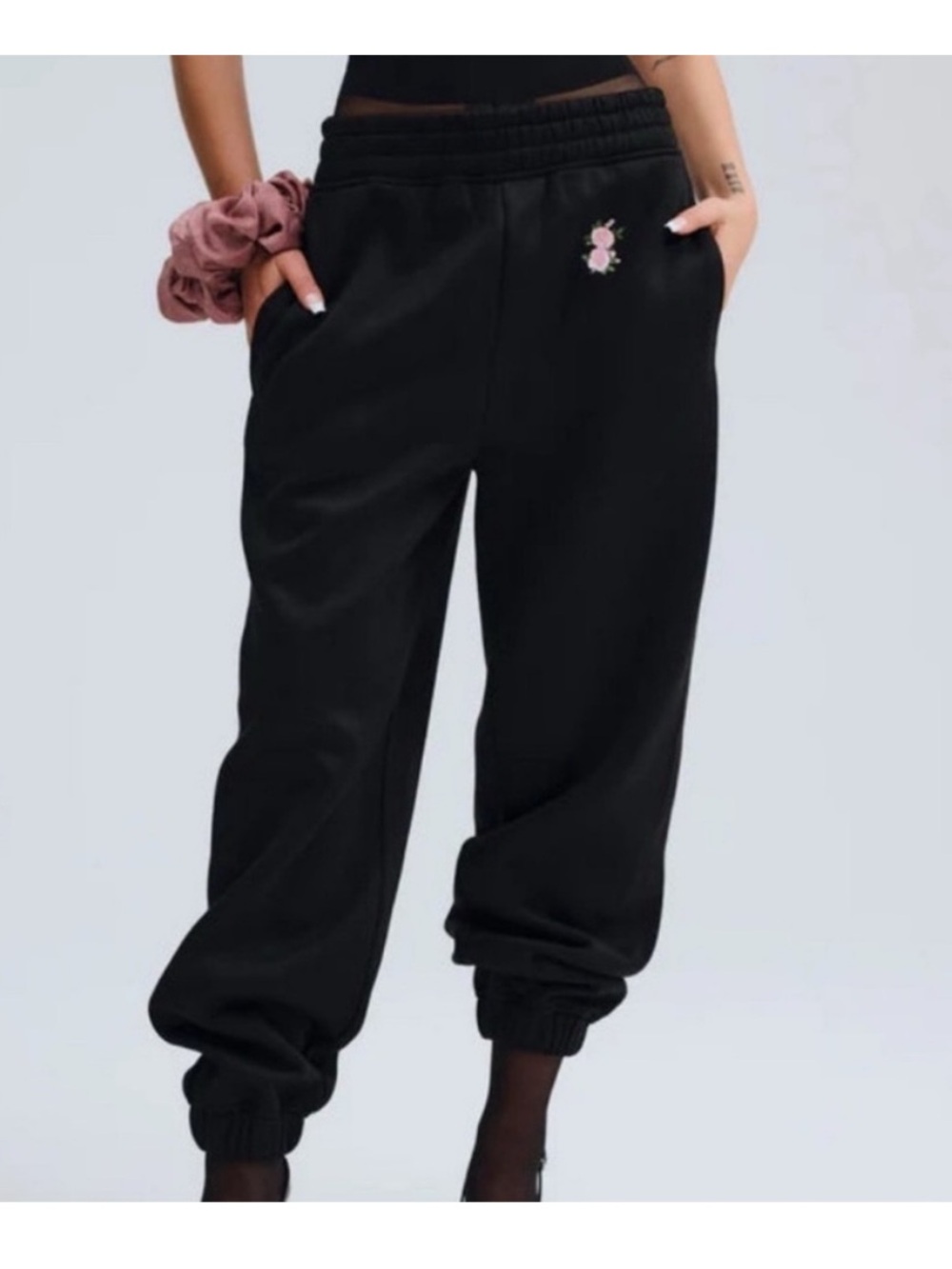 For Love And Lemons Black Sweatpants with Pink Embroidery